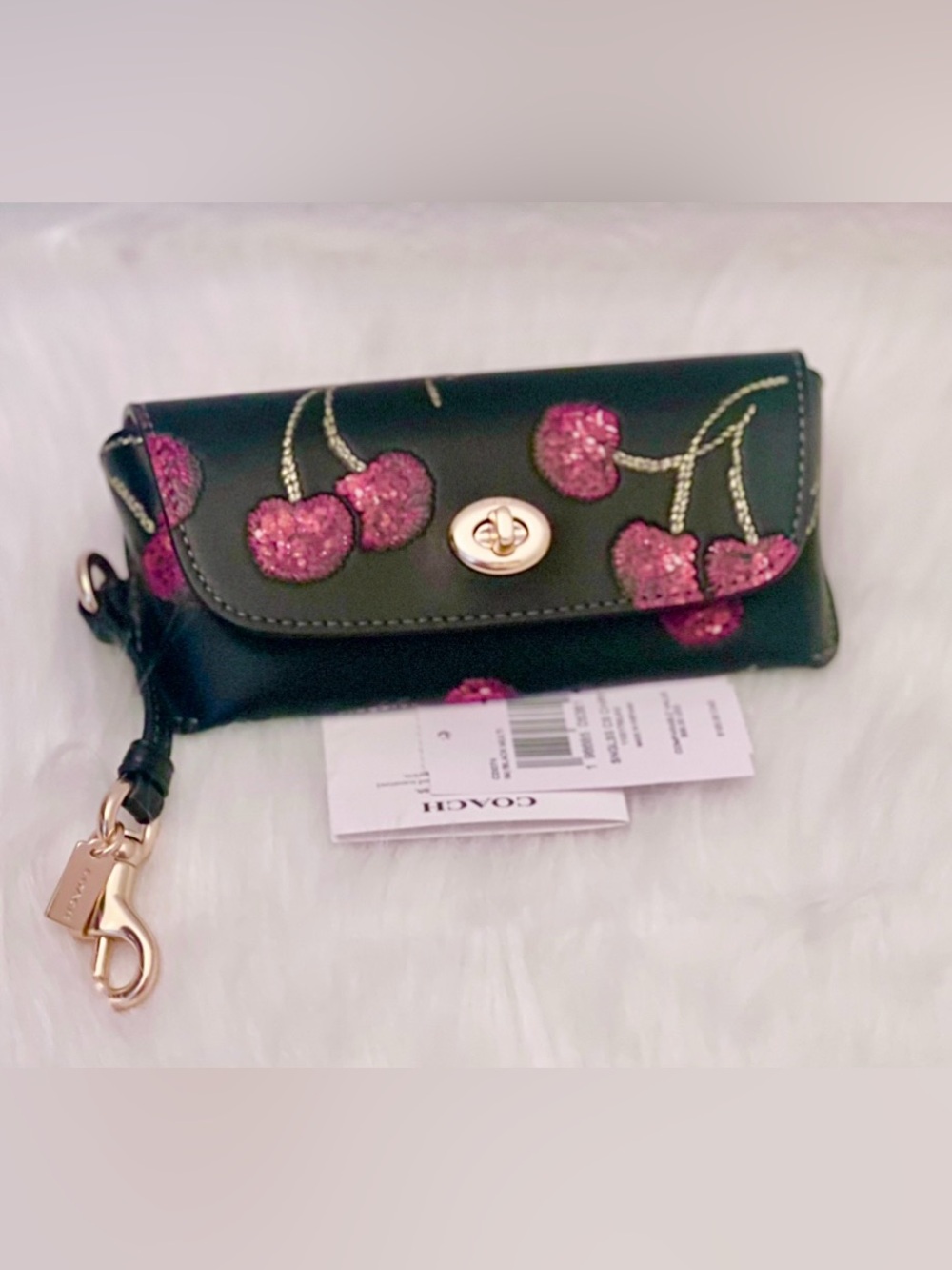COACH CDD74 Sunglass Case In Smooth Leather With Cherry Print Gold/Black Multi